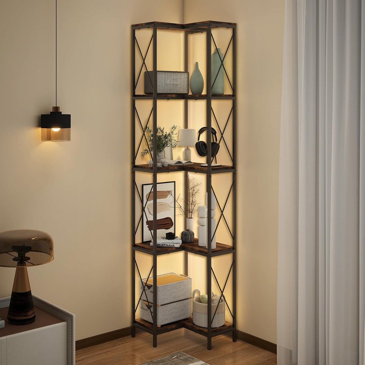ELECWISH Small Styles Corner Bookshelf, 5 Tier Industrial Style Design Corner Shelf with Metal Frame and Open Shelves for Living Room, Bedroom, Study, Flamed Color